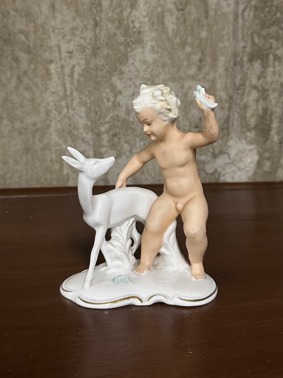 1950s Schau Bach Kunst Germany Porcelain Cherub Boy with Deer Figurine