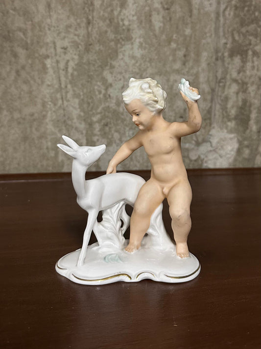 1950s Schau Bach Kunst Germany Porcelain Cherub Boy with Deer Figurine