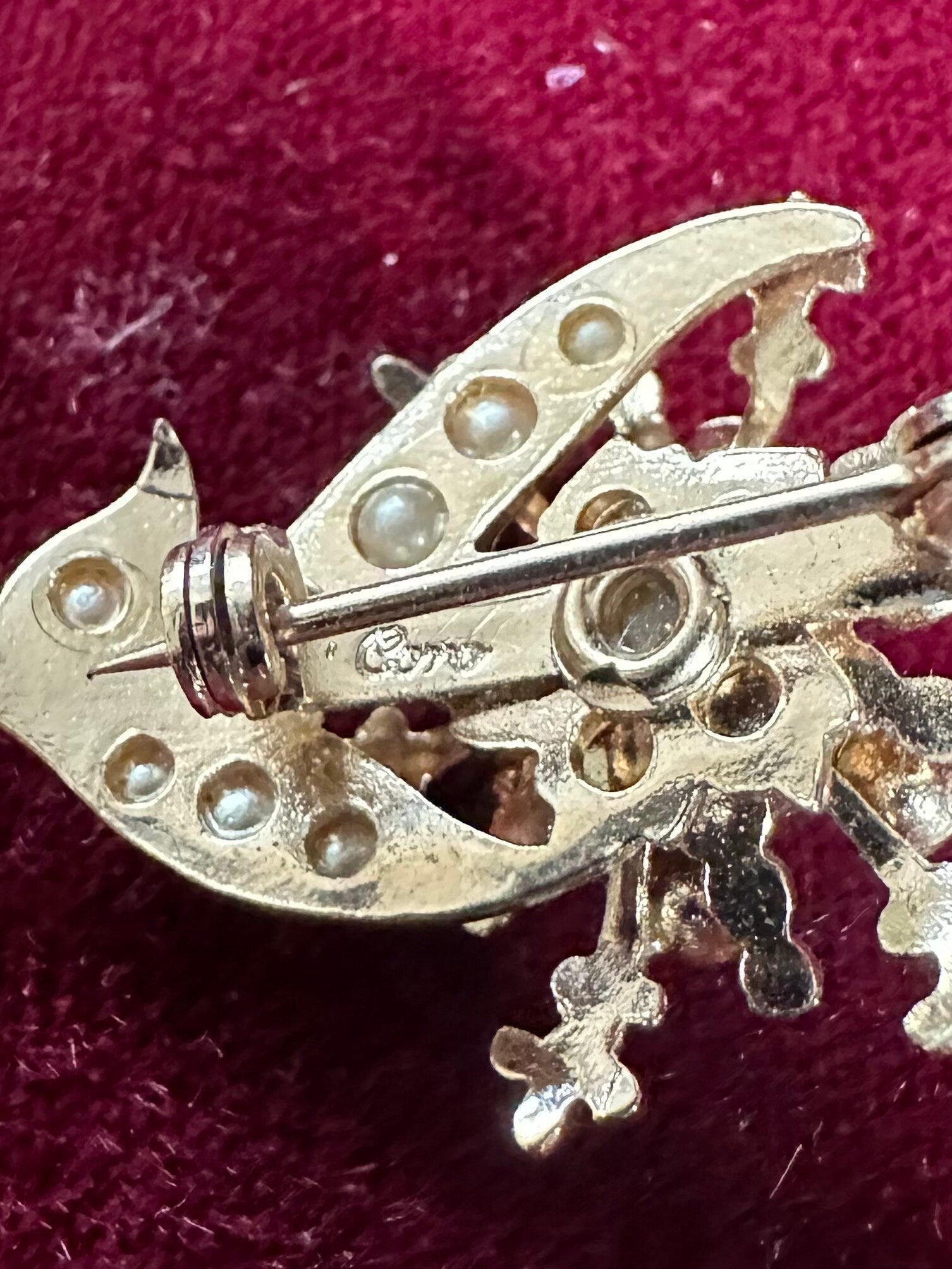 Vintage Signed Coro Gold Tone Faux Emerald & Pearl Floral Pin Brooch Midcentury