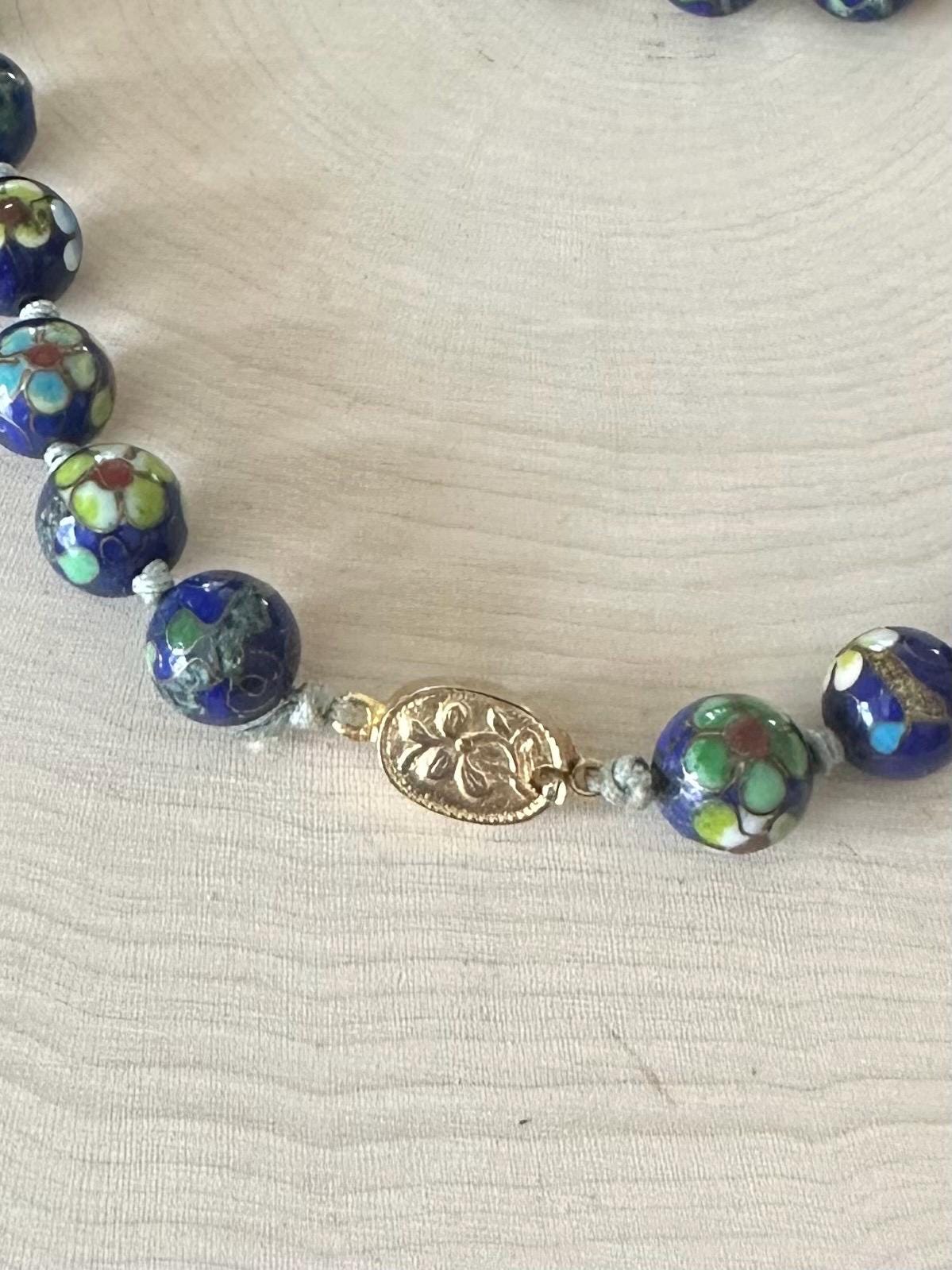 Vintage Midcentury Hand Knotted Blue Cloisonné Enamel Blue Floral Porcelain Beaded Necklace 23”