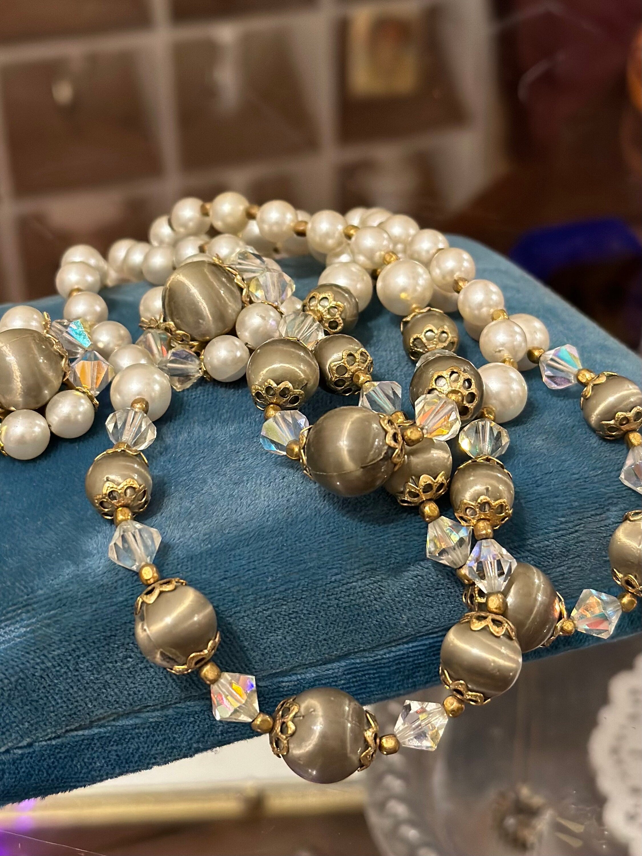 Vintage 1960s Faux Taupe & Cream Pearl and Crystal Beaded Triple Strand Choker Collar Necklace with Matching Clip-On Earrings