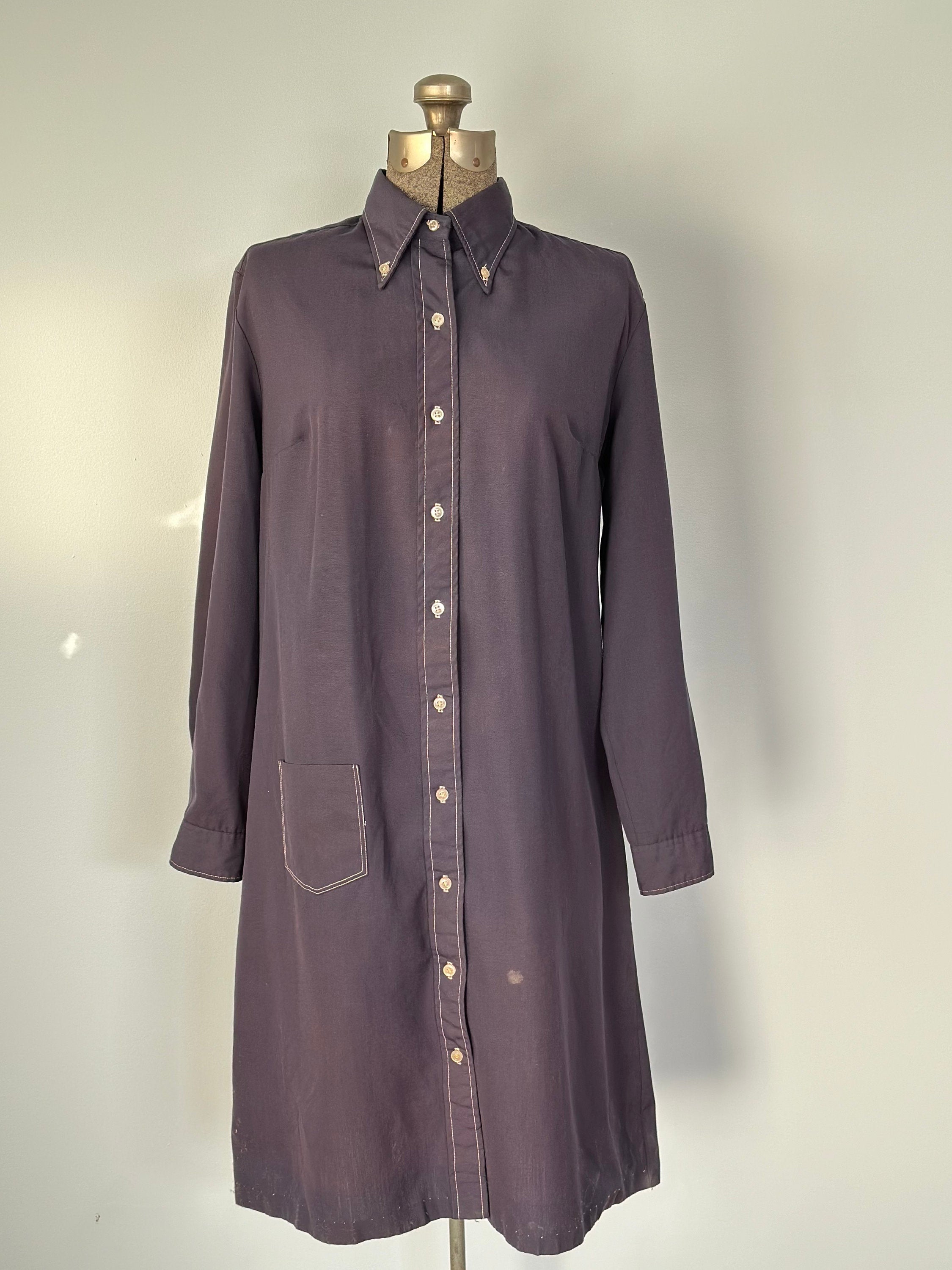 Vintage 1970s Cobbies by Cos Cob Navy Blue Collar Button-Up Women's Long Sleeve Shirt Dress