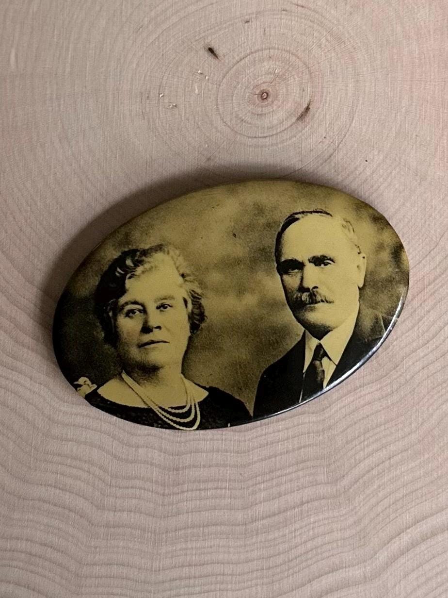 Antique Art Deco 1920s Older Married Couple Oval Pocket Celluloid Mirror Black & White