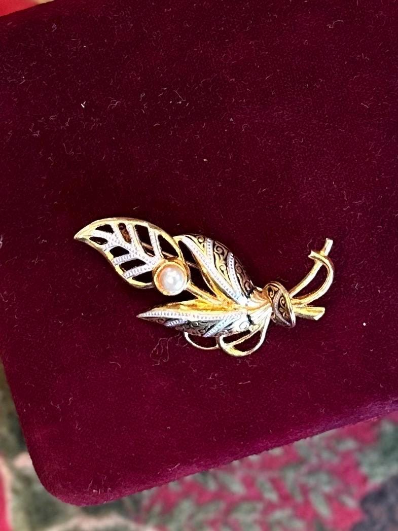 Vintage Spanish Damascene Toledo Gold Tone Silver Tone & Black with Faux Pearl Brooch Made in Spain