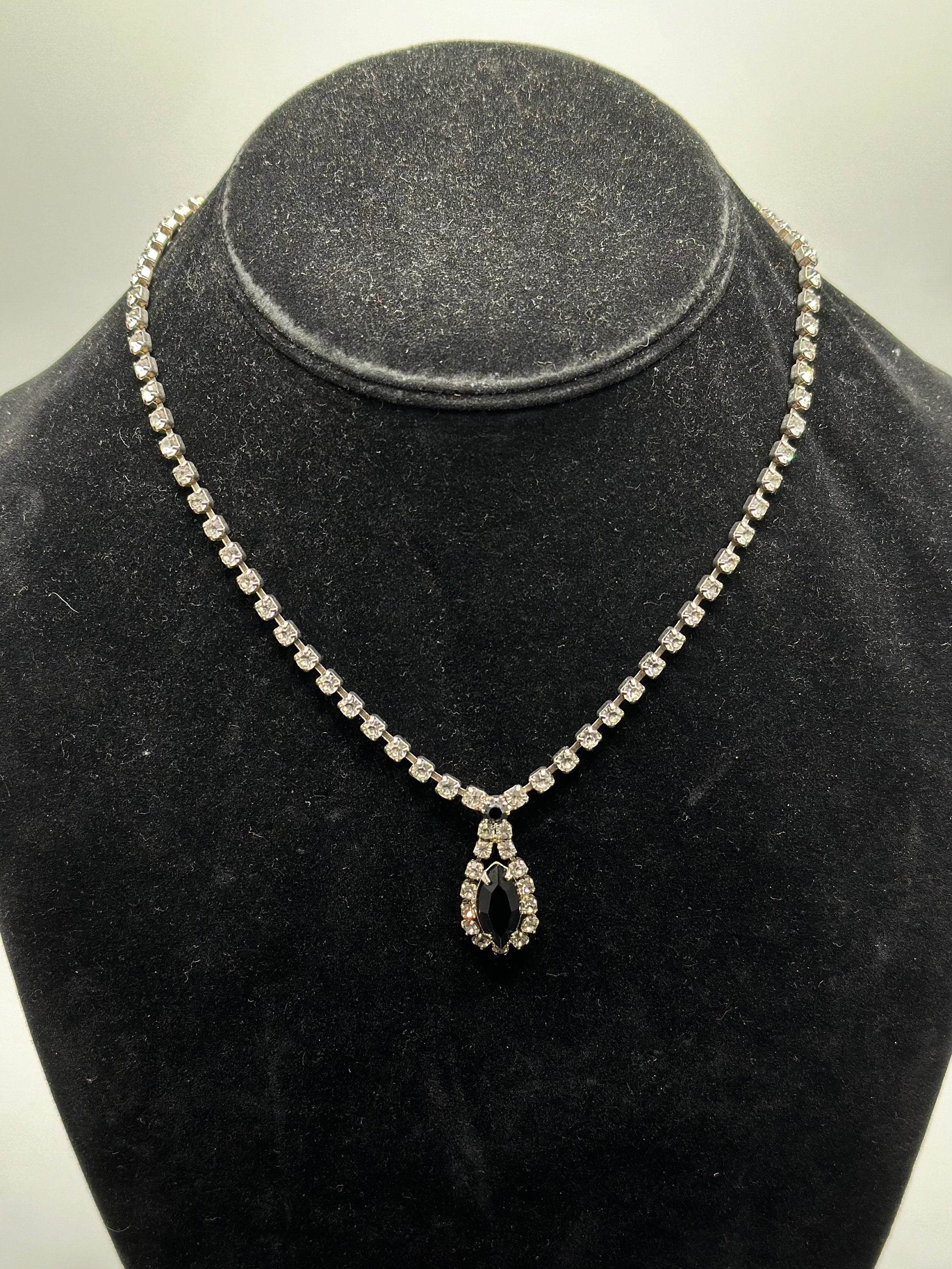 Vintage 1950s Faceted Clear and Black Glass Rhinestone Necklace Marquise Teardrop 18" | Evening Jewelry