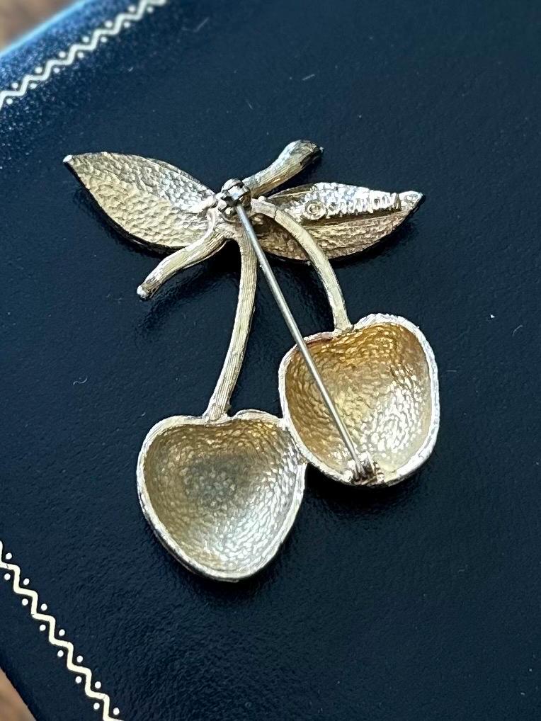 Vintage 1960s Signed SARAH COVENTRY Brushed Gold Tone Cherry Brooch Midcentury