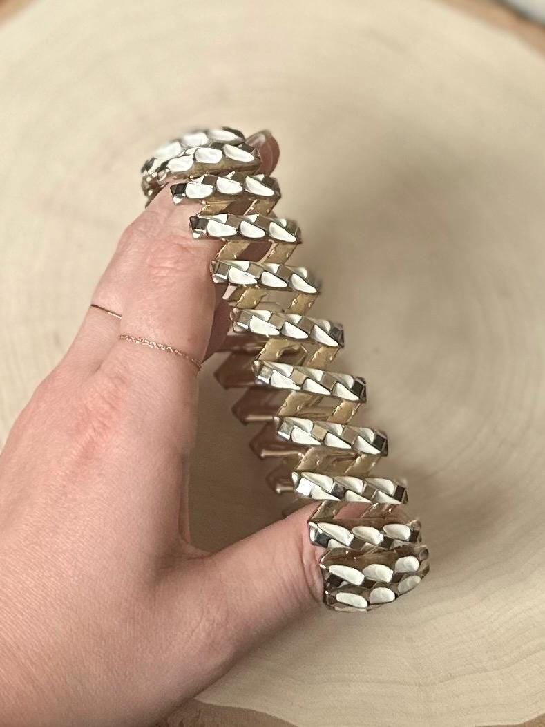 Vintage 1940s Signed HARWOOD Leading Lady Gold Tone & White Enamel Tank Track Expansion Bracelet Stretches