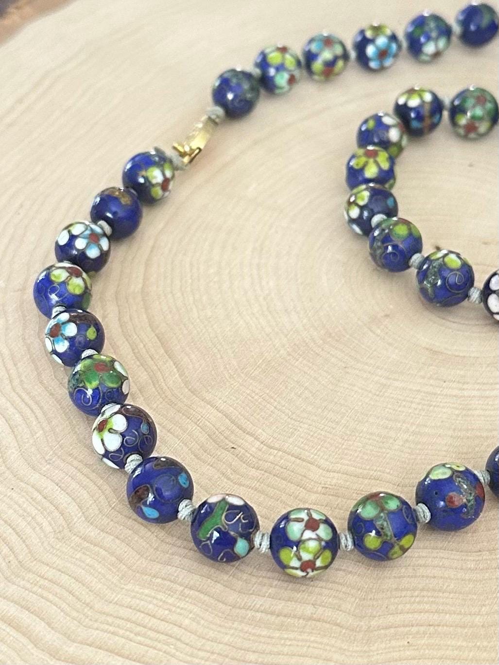 Vintage Midcentury Hand Knotted Blue Cloisonné Enamel Blue Floral Porcelain Beaded Necklace 23”