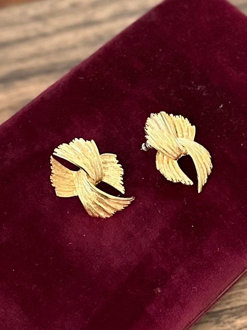 Vintage Modern 1980s 1990s Givenchy Paris New York Signed Gold Tone Textured Abstract Pierced Earrings Statement