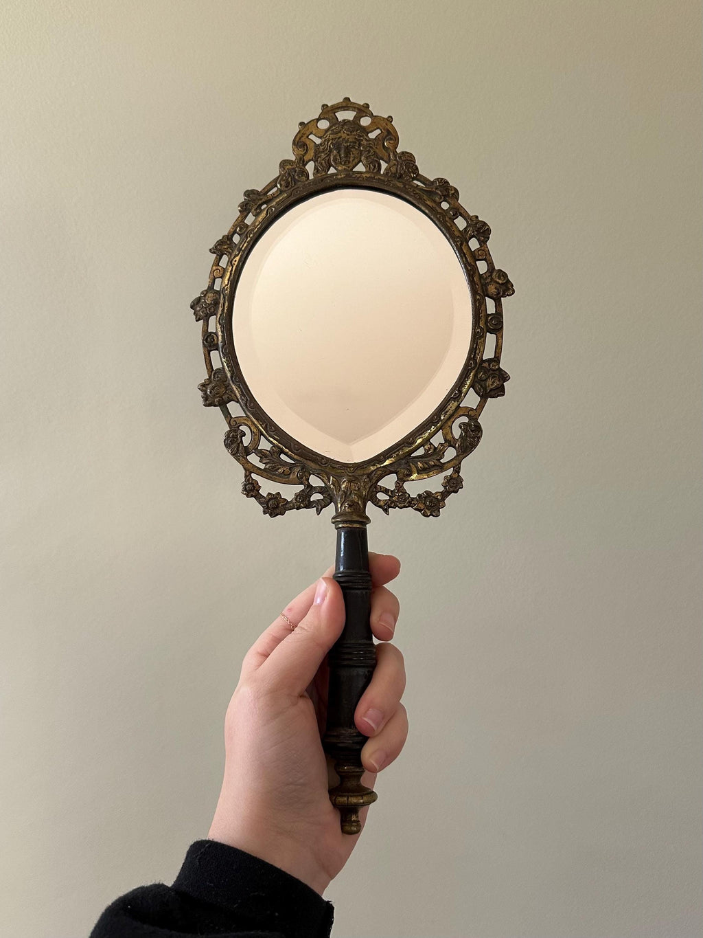 RARE 19th Century Antique Victorian Brass & Black Ebony Wood Beveled Glass Vanity Hand Mirror with Florals, Vines, and Lady Head Art Nouveau