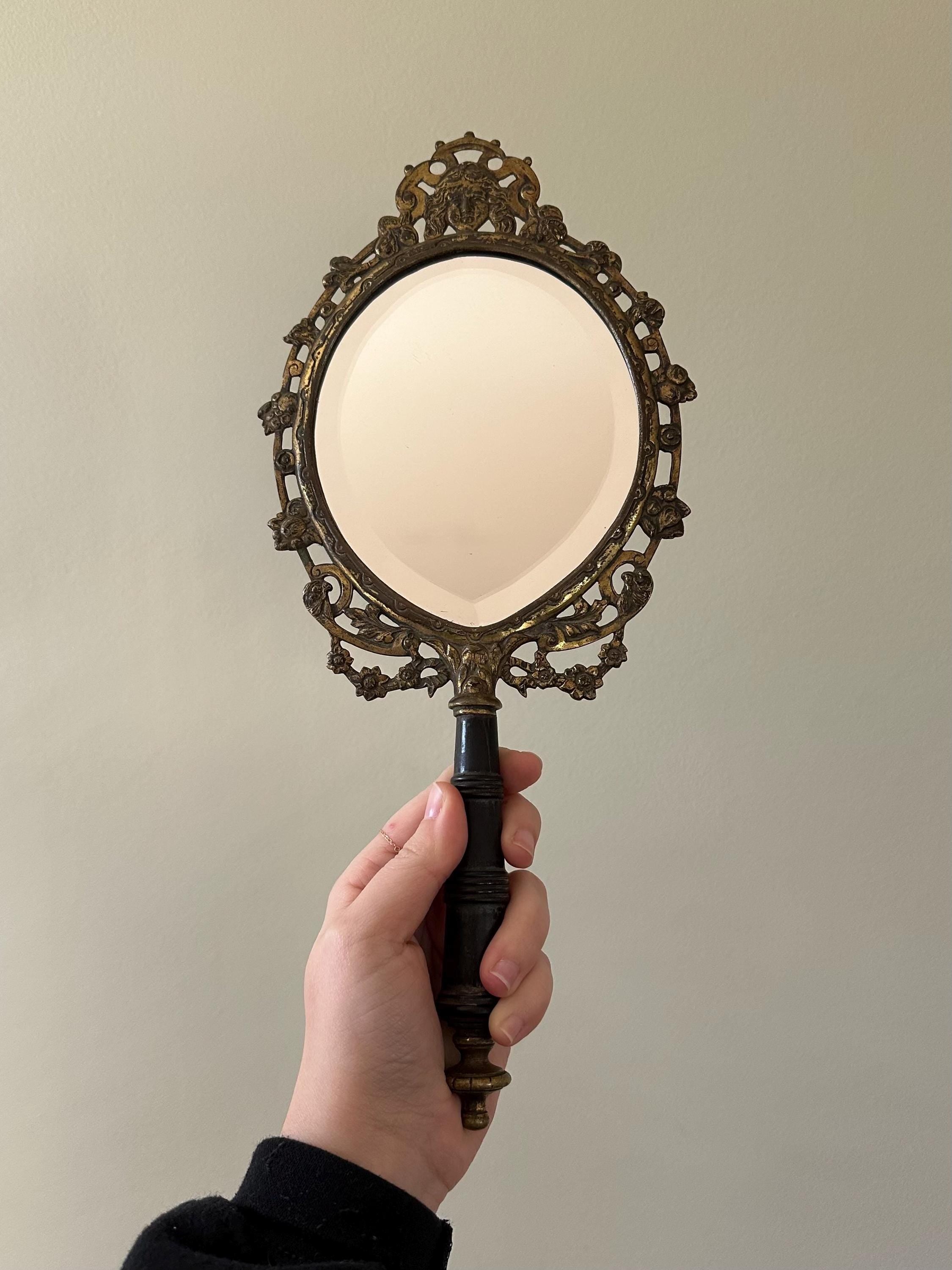 RARE 19th Century Antique Victorian Brass & Black Ebony Wood Beveled Glass Vanity Hand Mirror with Florals, Vines, and Lady Head Art Nouveau