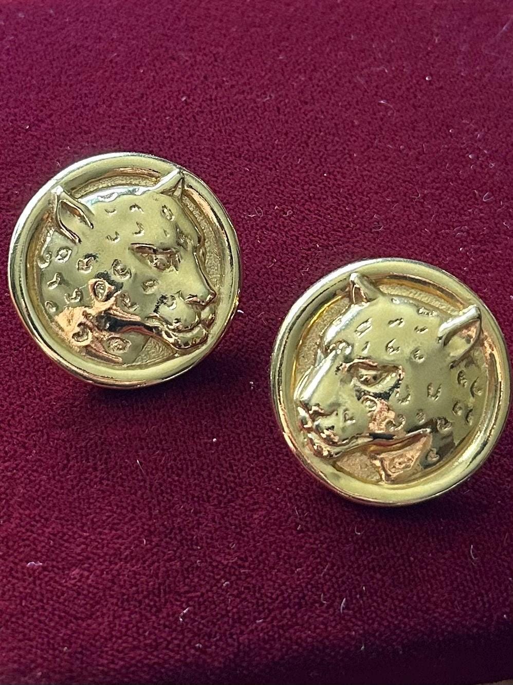 Vintage 1980s 1990s Gold Tone Large Leopard Cheetah Pierced Statement Earrings