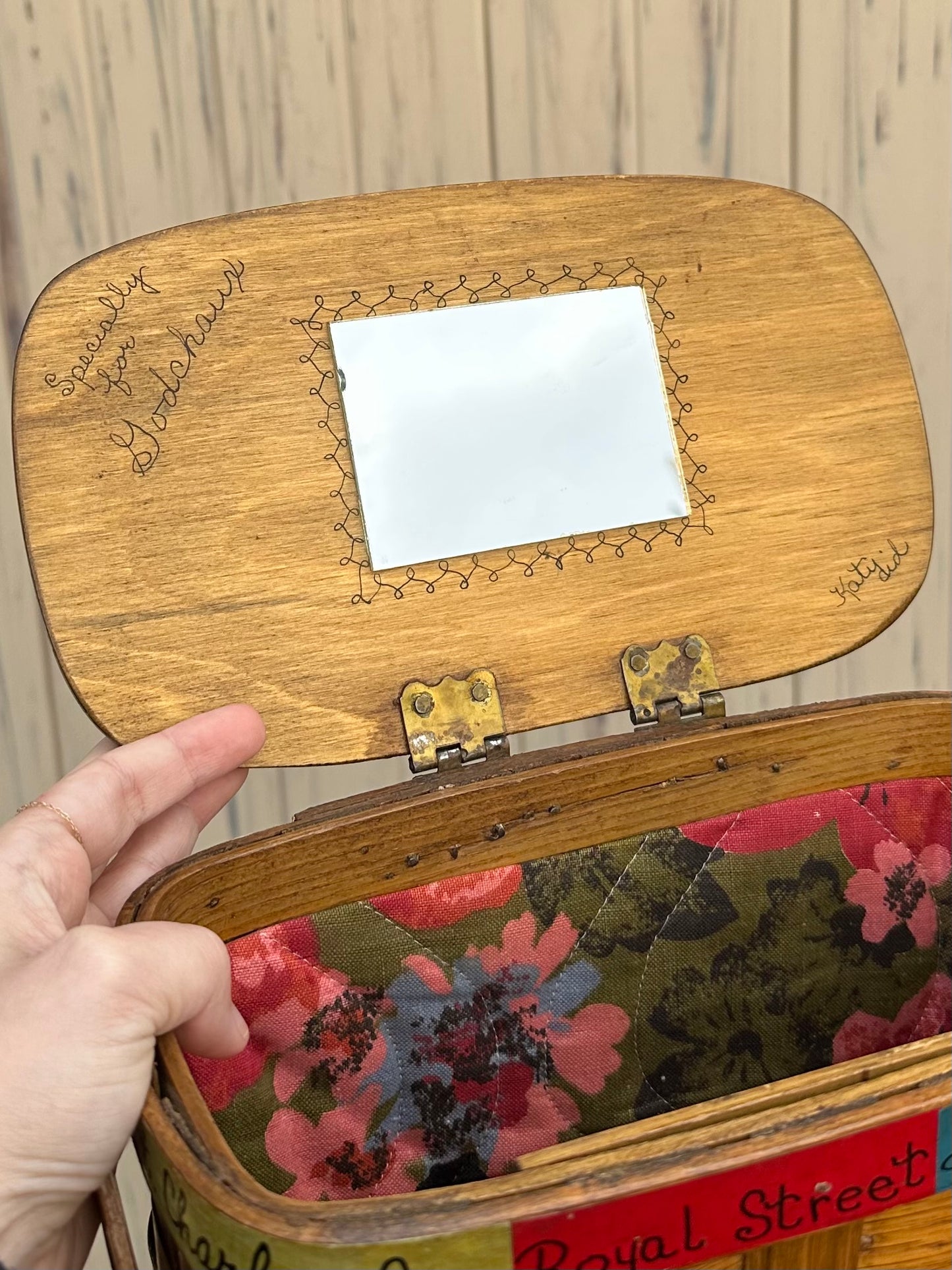 1960s New Orleans Hand Painted & Signed Katydid Wooden Picnic Basket Purse Specially for Godchaux