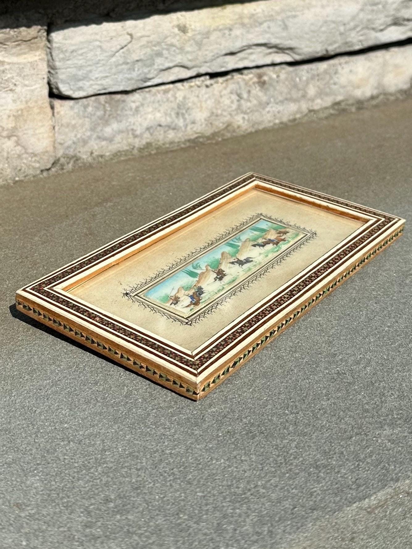 Vintage Circa 1940s Middle Eastern Persian Battle Miniature Painting on Bone in Rectangular Mosaic Inlaid Frame Easel Back