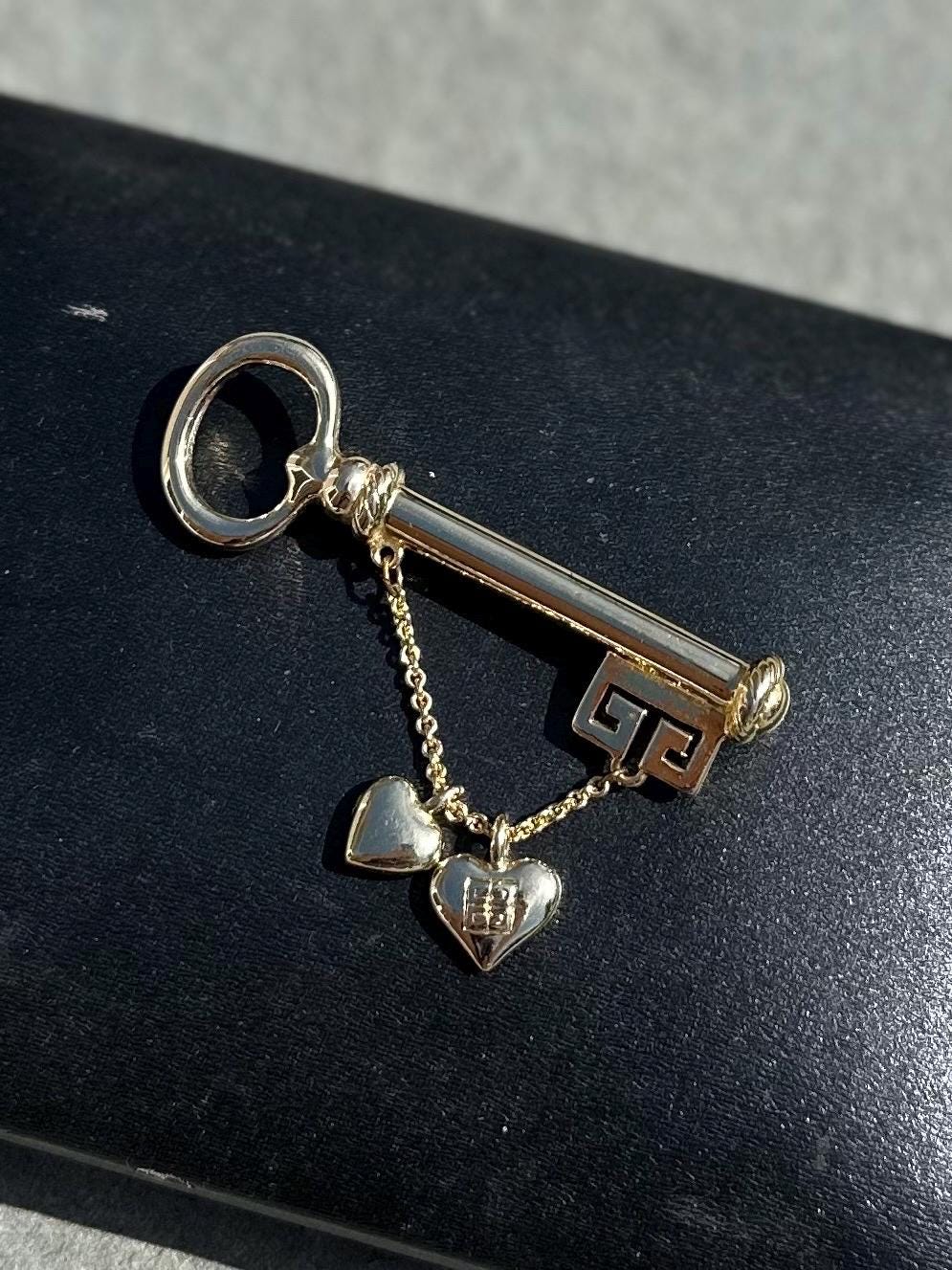 Vintage Signed GIVENCHY Gold Tone Skeleton Key Dangle Heart Brooch Designer GG Logo