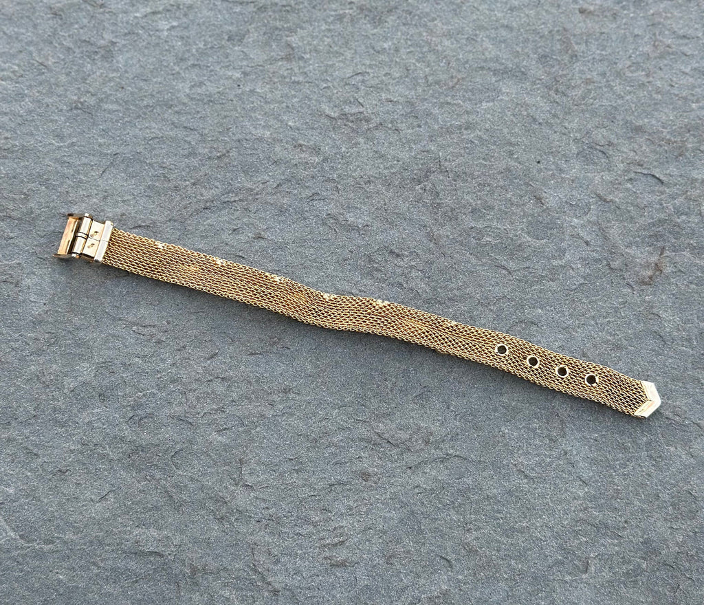 1970s Vintage Gold Tone Mesh Belt Bracelet with Cabochon Faux Opal Stones Midcentury