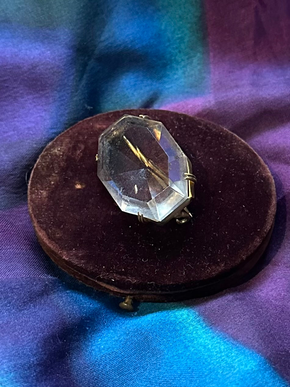 Antique Art Deco Czechoslovakia Faceted Clear Cut Glass Octagonal Gold Tone Brooch Pin