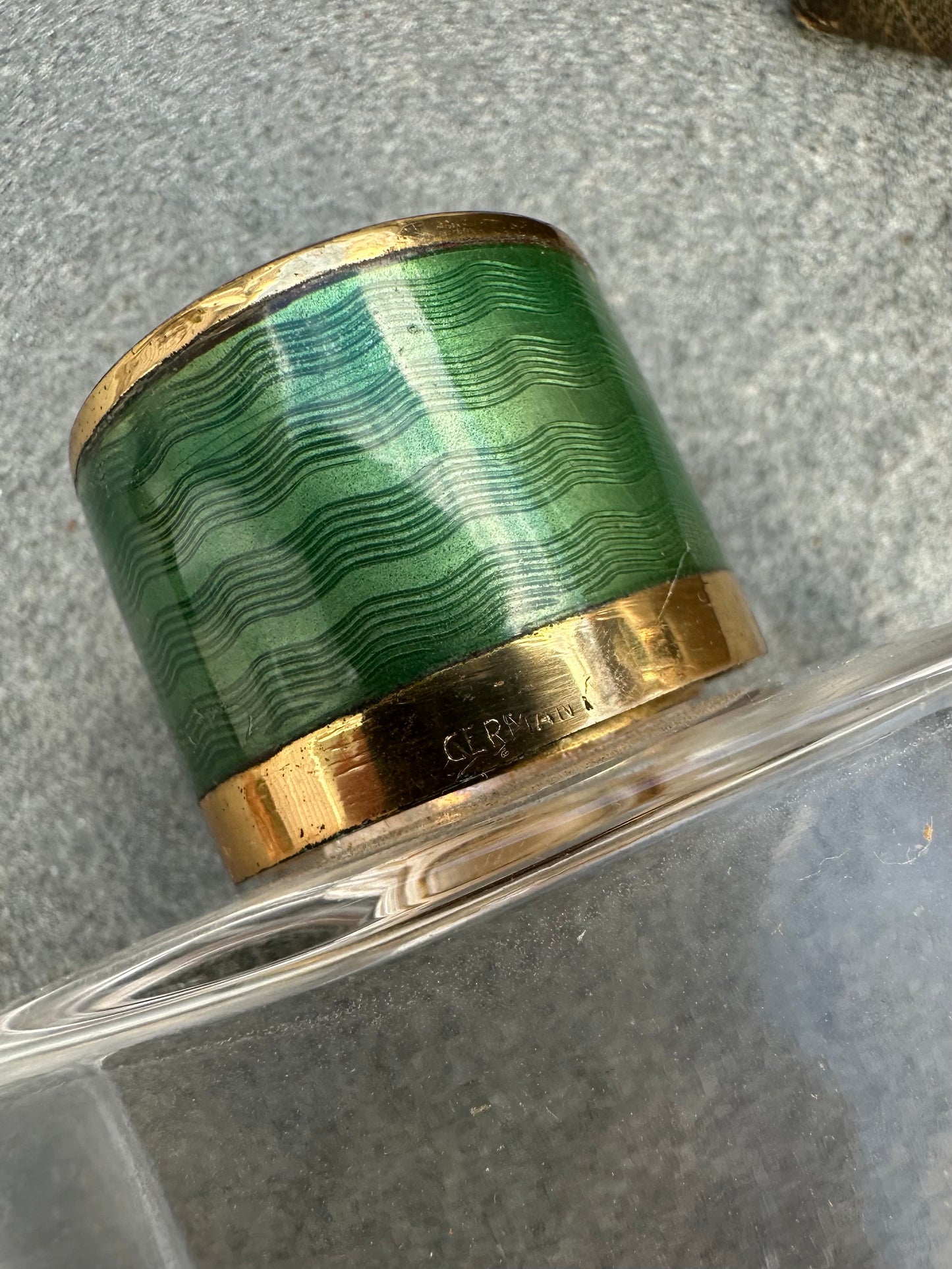 Art Deco 1920s 1930s German Guilloche Enamel & Glass Travel Perfume Cologne Bottles in Green Traveling Case