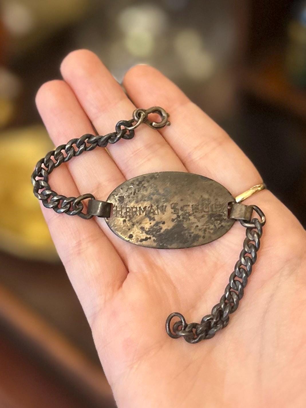Vintage Sterling Silver Engraved Identification ID Name Plate Curb Link Bracelet “HERMAN SCHULZ”