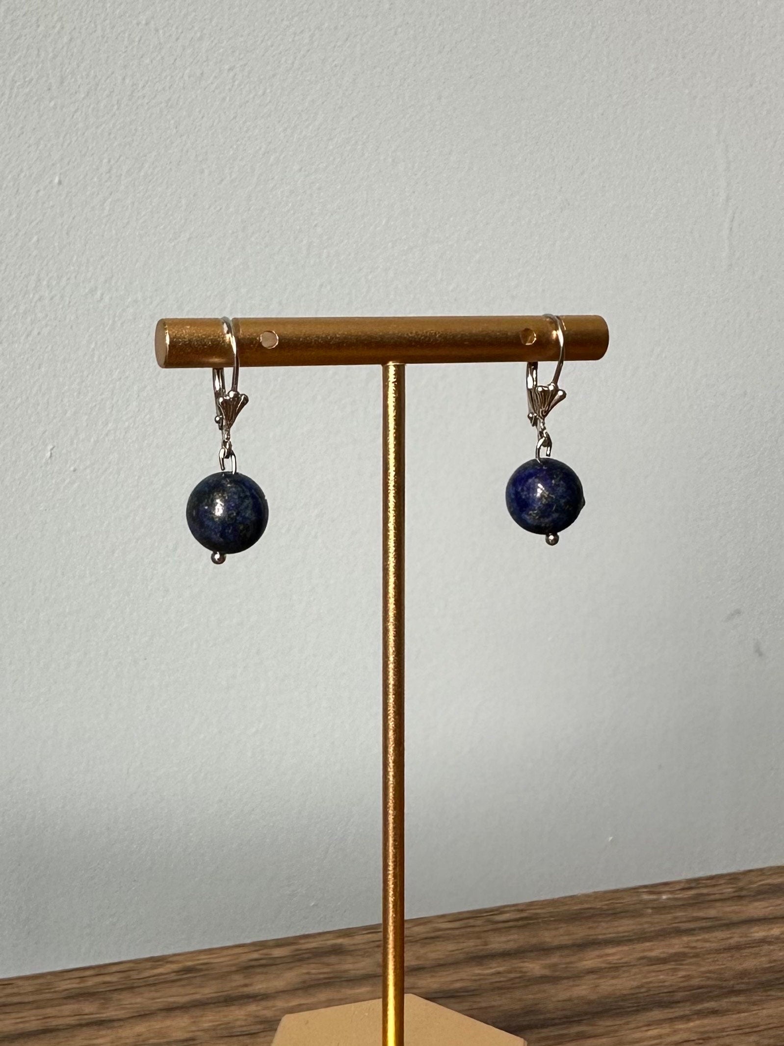 Sterling Silver 925 Blue Lapis Lazuli 10mm Bead Dangle Drop Earrings