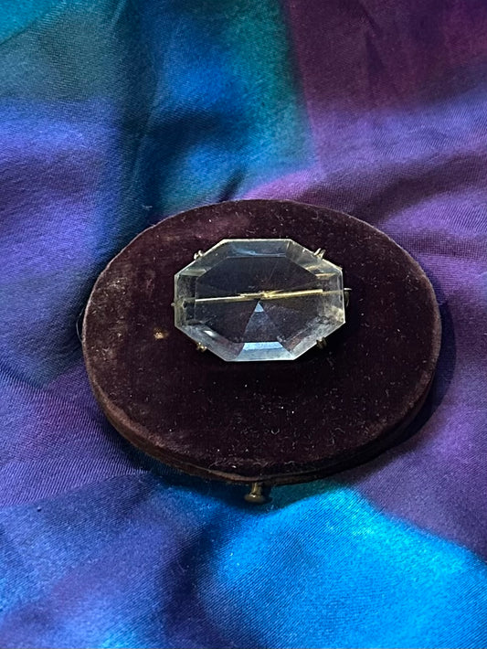 Antique Art Deco Czechoslovakia Faceted Clear Cut Glass Octagonal Gold Tone Brooch Pin