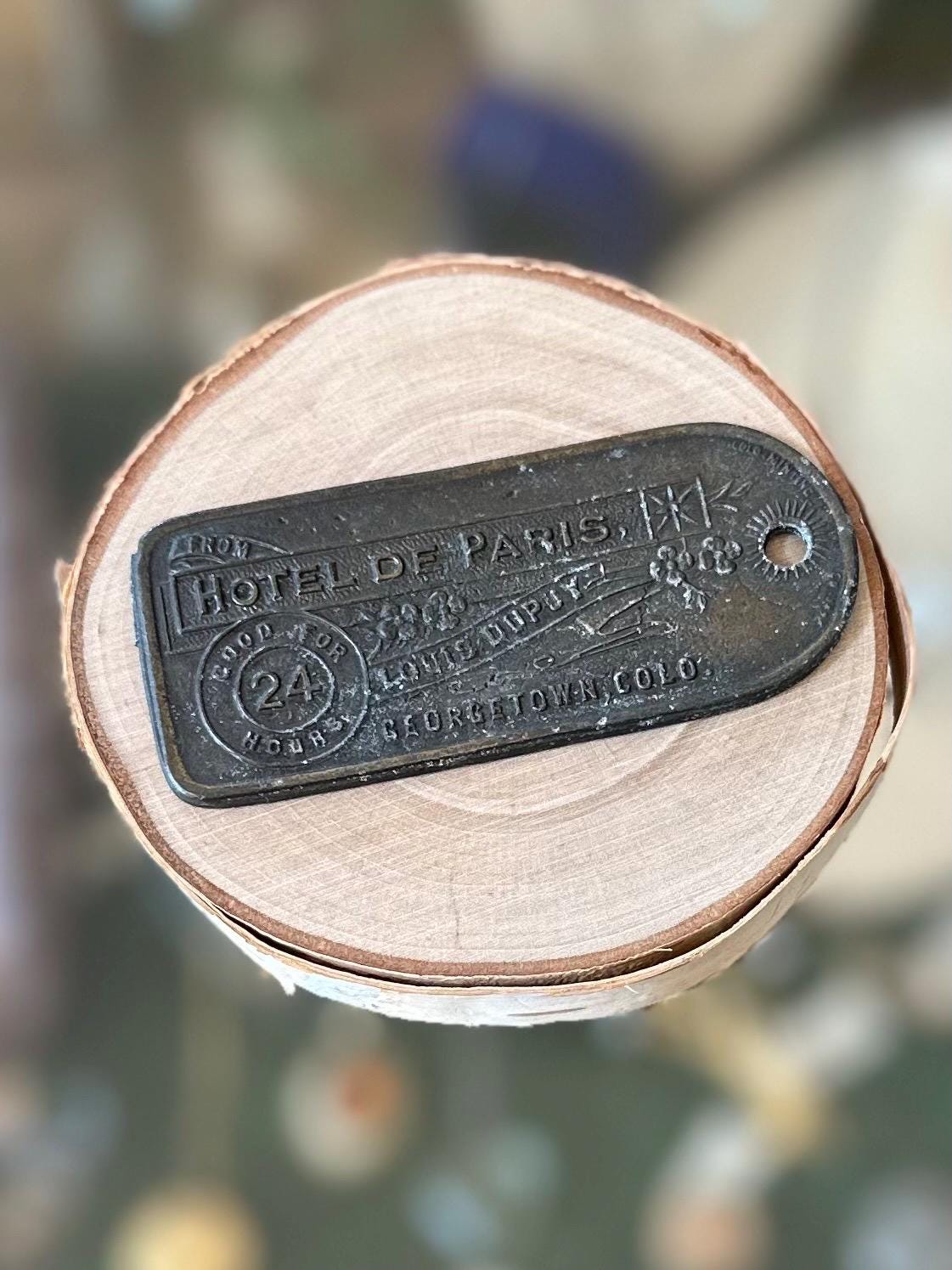 Vintage Reproduction Novelty Hotel de Paris Louis Dupuy Georgetown, Colo. Madame Sophie’s Brothel Metal Key Tag