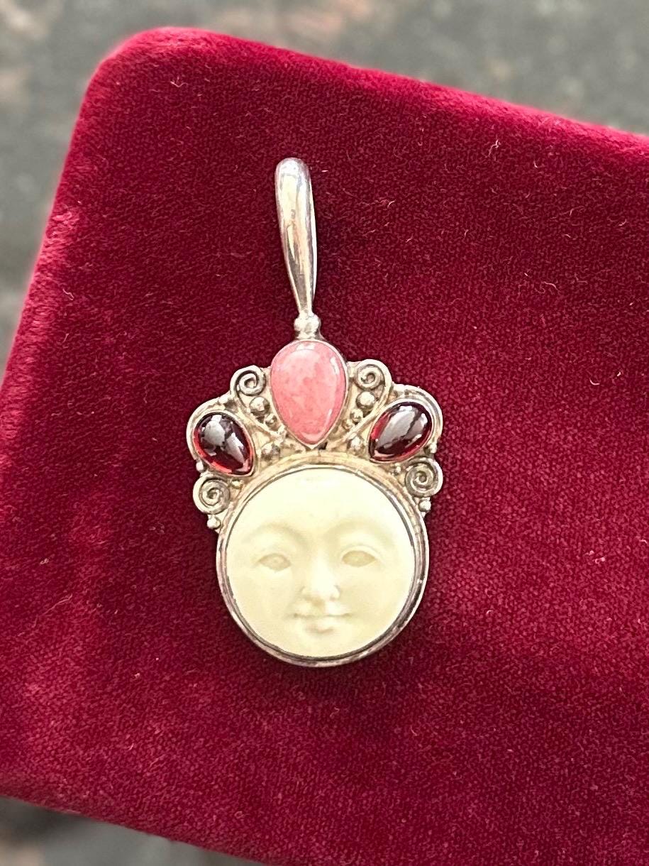 Vintage Signed SAJEN Sterling Silver & Carved Bone Moon Face with Cabochon Gemstones Statement Pendant Balinese