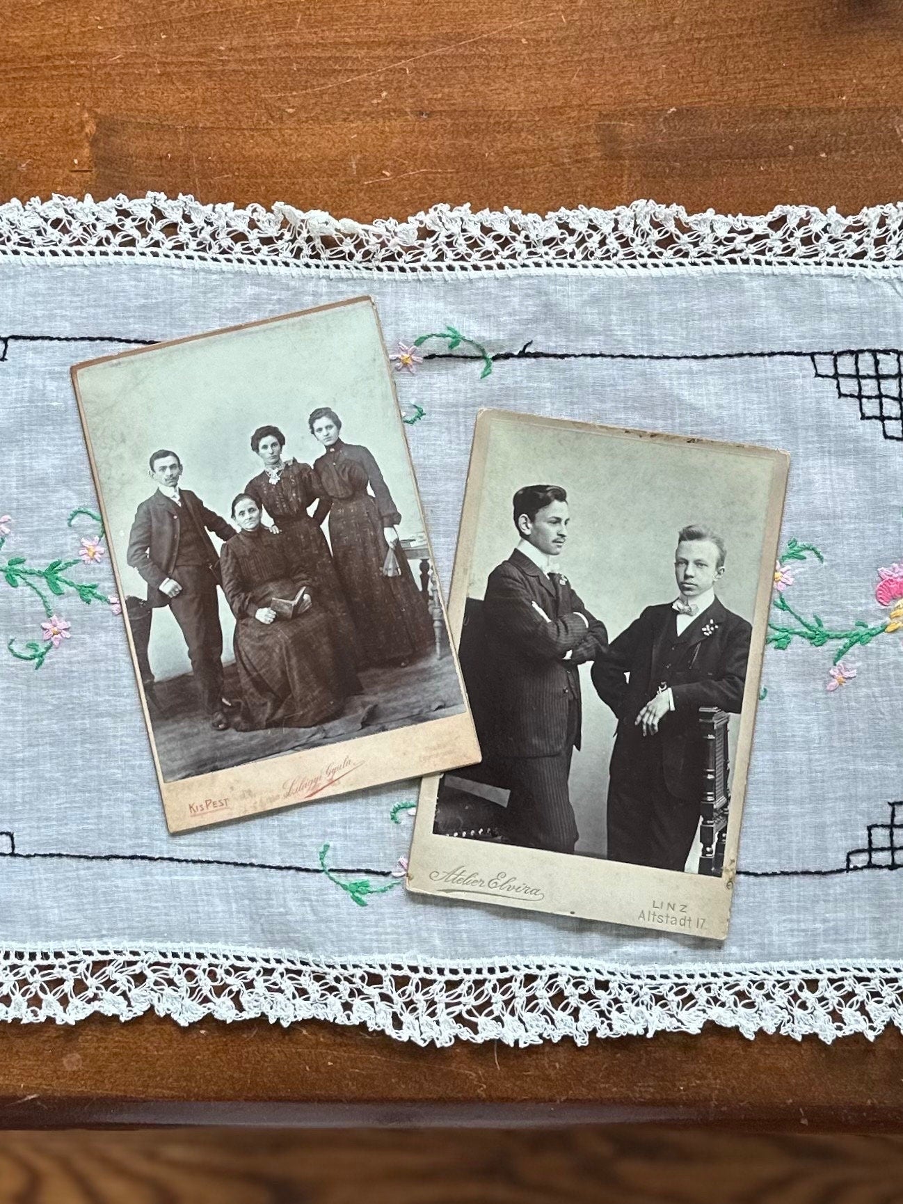 LOT OF 2 Antique Victorian Cabinet Cards of Two Men and Family, German & Hungarian Dated 1905