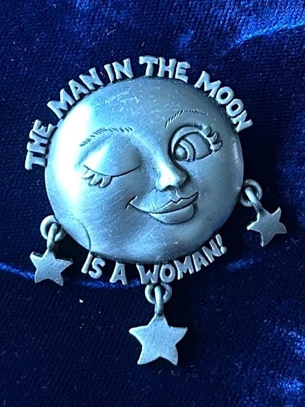 Vintage 1980s Signed JJ Jonette The Man in the Moon is a Woman Celestial Moon & Stars Silver Tone Brooch Feminist