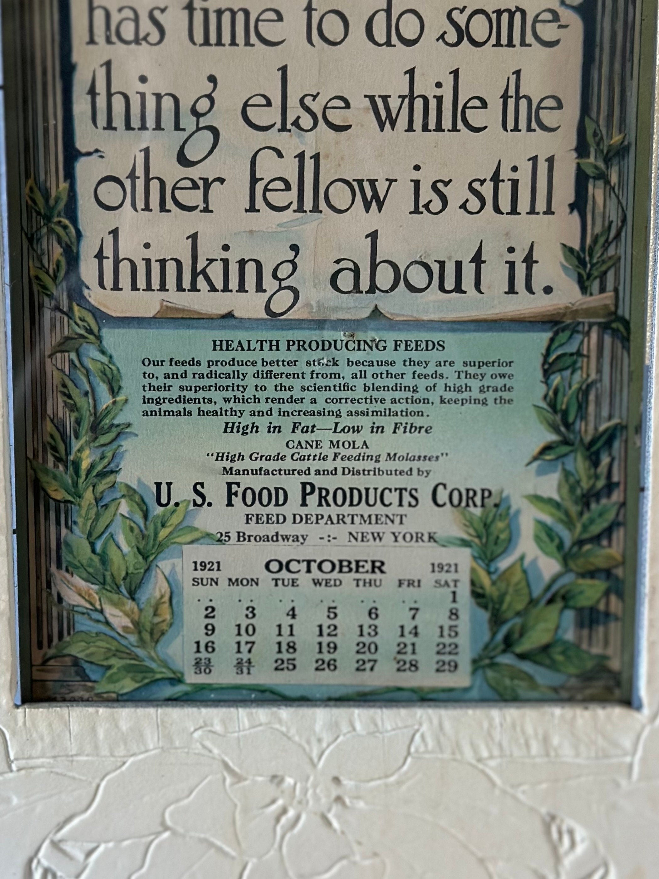 Antique Handmade Framed October 1921 Promotional Calendar U.S. Food Products Corp. Feed Department | The Fellow Who Does it Now