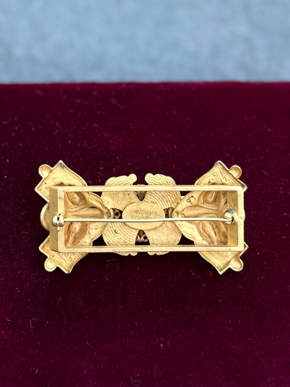 Vintage 1990s Signed NATASHA STAMBOULI Etruscan Revival 18k Gold Plated Amethyst Carnelian Onyx Agate Brooch Pin