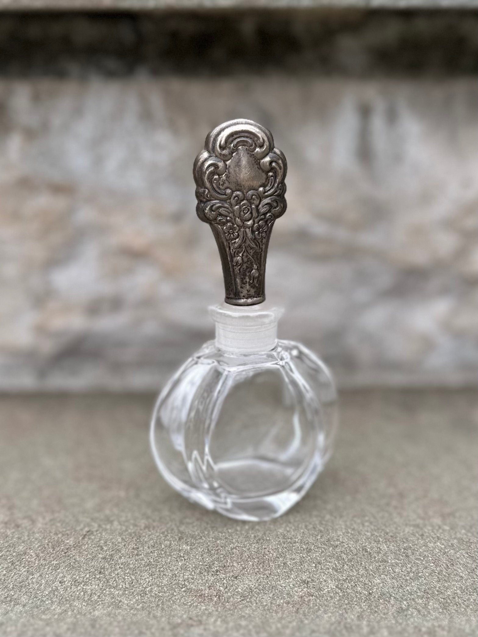 Vintage Signed Towle Sterling Silver Encased Stopper Glass Perfume Bottle Floral Rose Design