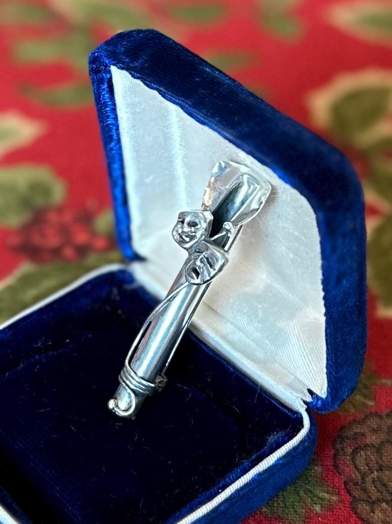 Vintage Signed REO Sterling Silver Comedy & Tradegy Drama Masks Cylindrical Flower Holder Brooch Pin Theater Boutonnière