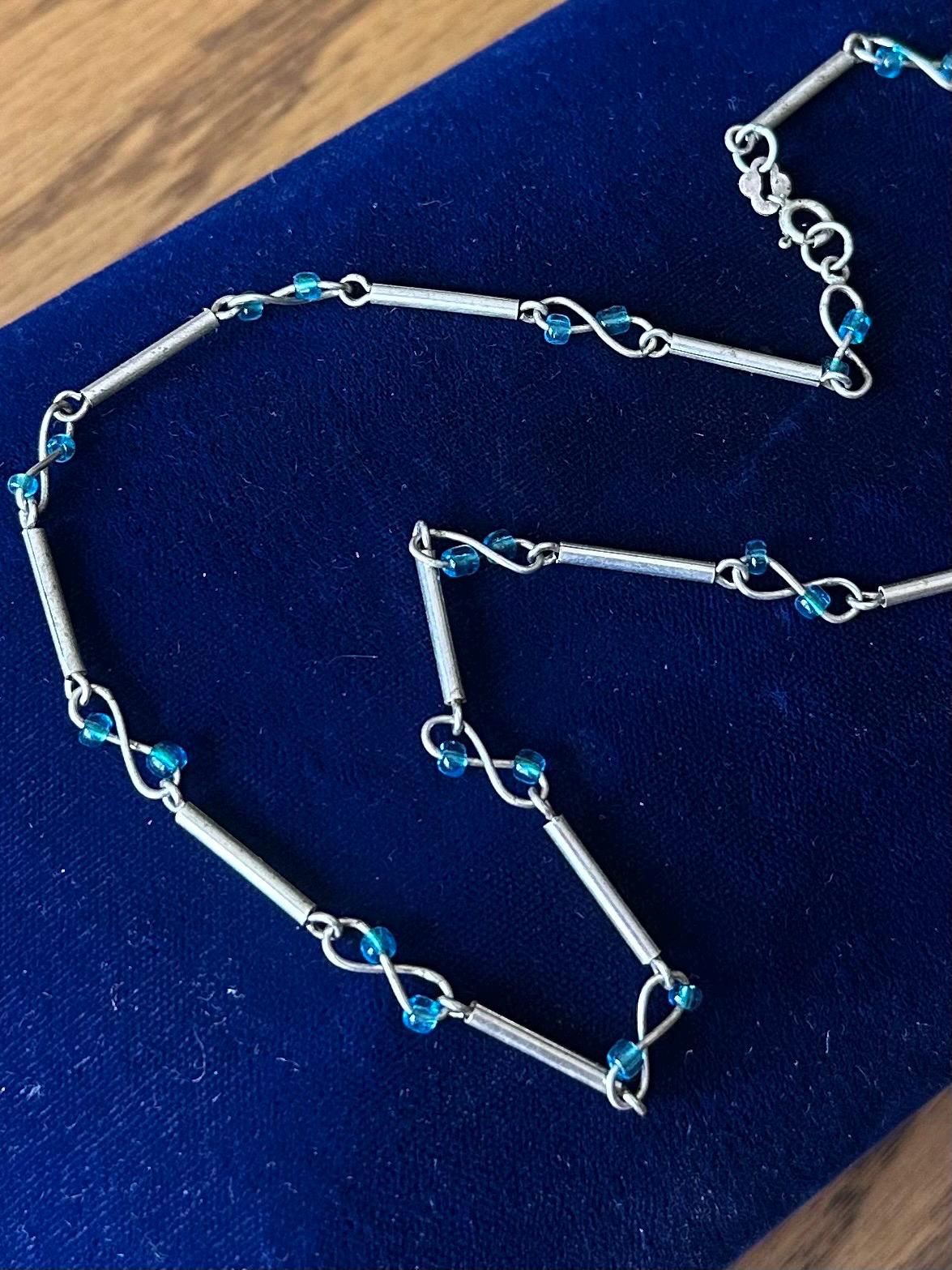 Vintage Sterling Silver Bar Infinity Twist & Turquoise Blue Color Bead Necklace 15.6" Y2K