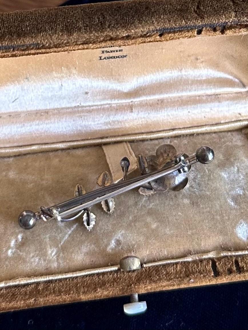 Antique Circa 19th Century Victorian Era Gold Filled Clear Paste Floral Leaf Vine Bar Pin Brooch C-Clasp