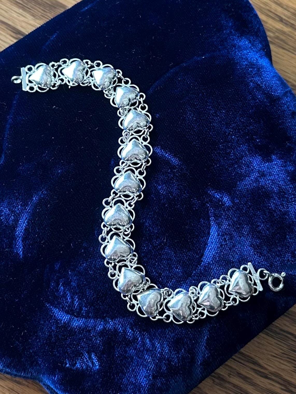 Vintage 925 Sterling Silver Puffy Hearts Open Link Bracelet 7.25"