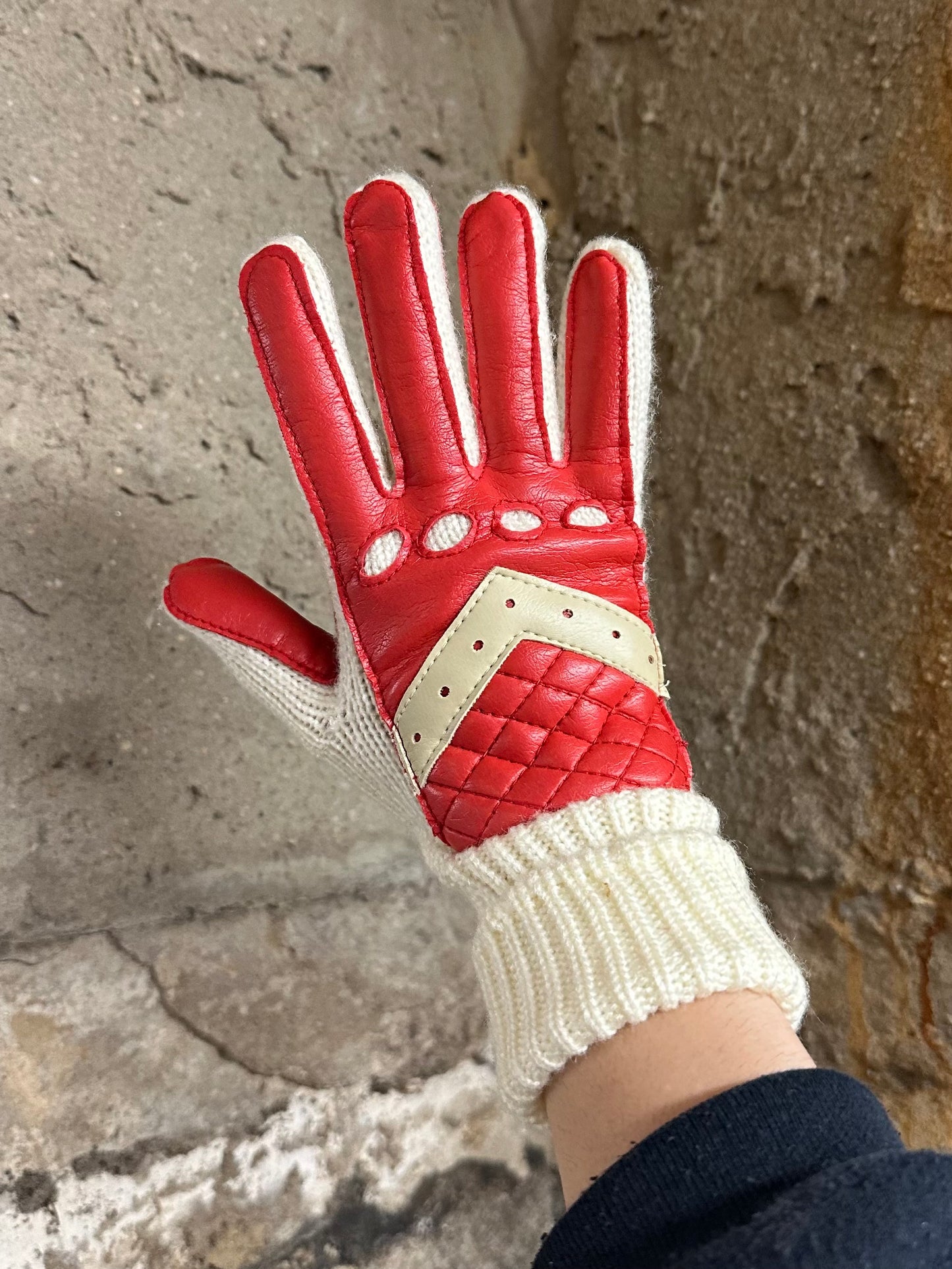1980s Machine Knitted Acrylic & Faux Leather Gloves