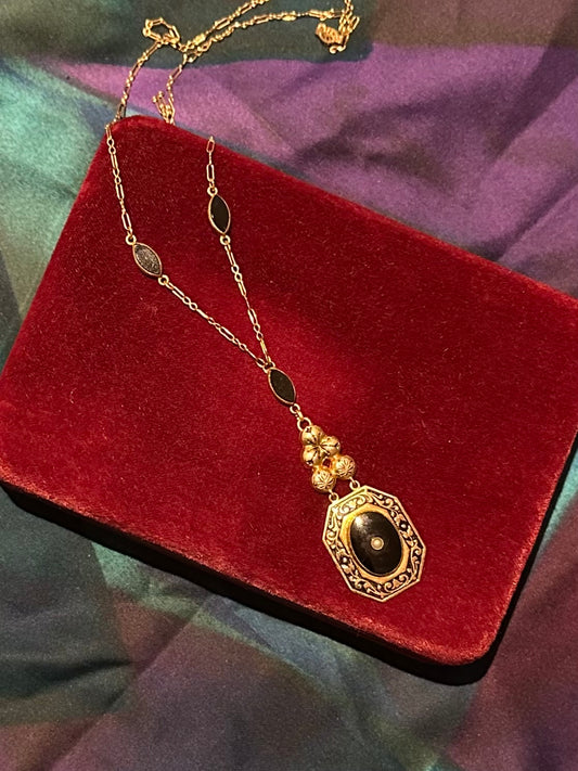 Antique Edwardian Era Gold Filled Black Onyx & Seed Pearl Pendant Necklace