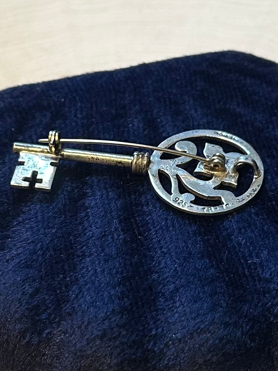 Vintage Signed Taxco TR-70 Sterling Silver Floral Motif Skeleton Key Brooch or Pendant