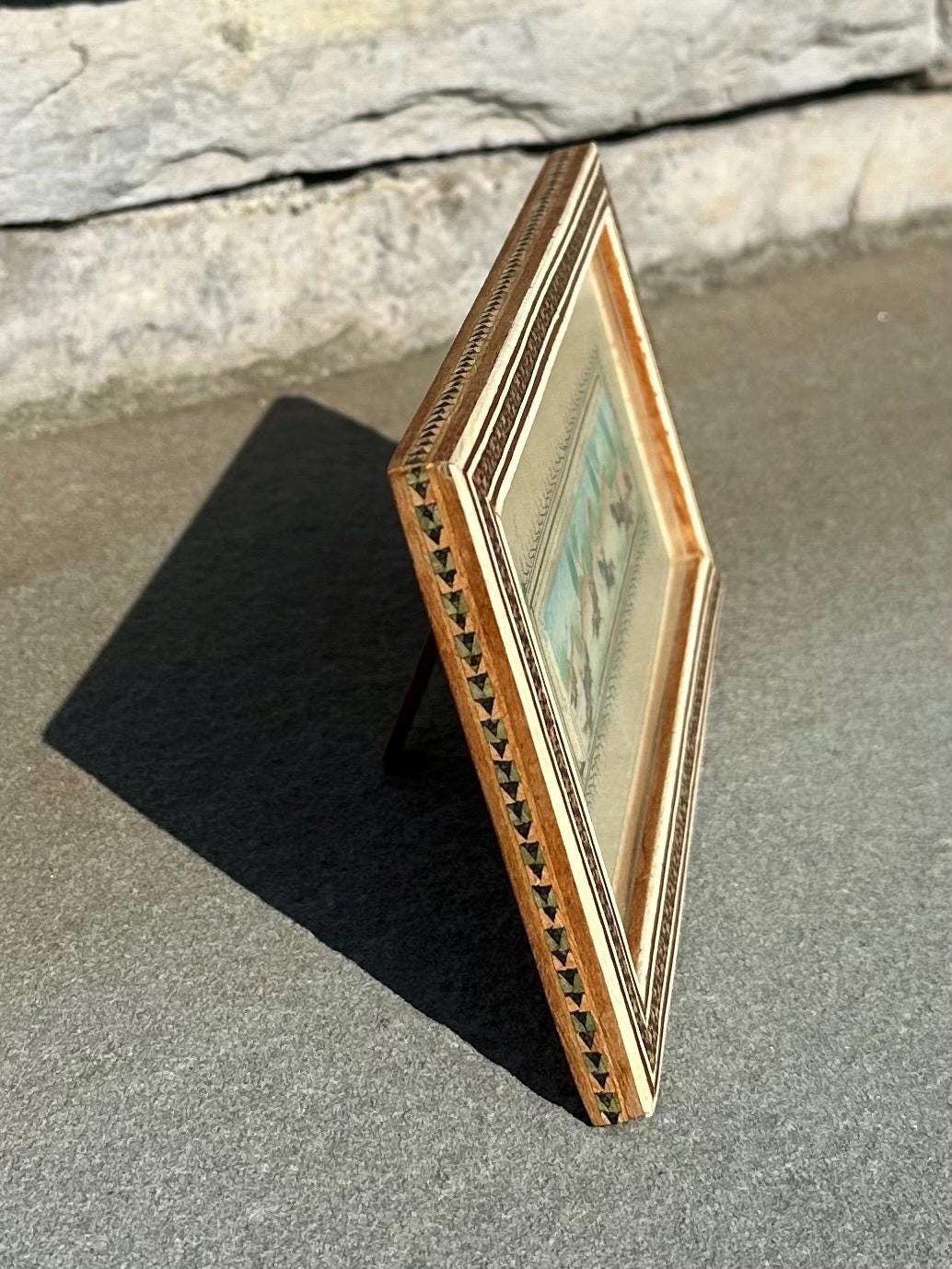Vintage Circa 1940s Middle Eastern Persian Battle Miniature Painting on Bone in Rectangular Mosaic Inlaid Frame Easel Back