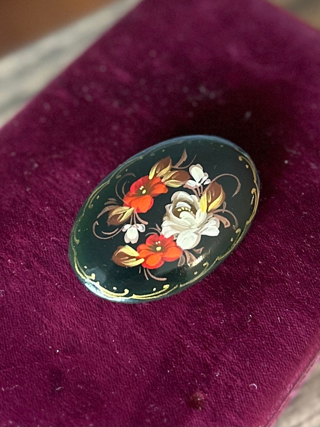 Vintage 1990s Russian Handpainted Lacquer Floral Oval Brooch Signed