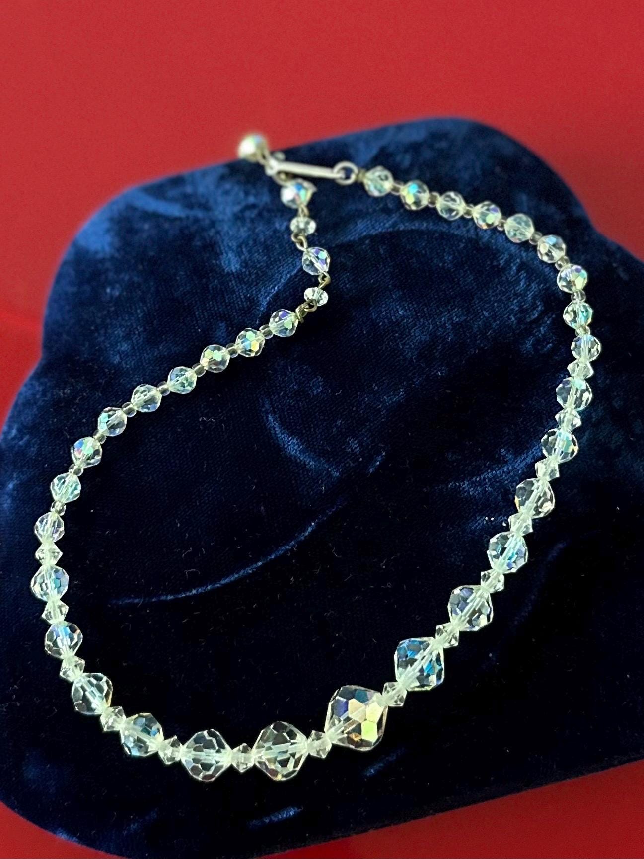 Vintage 1950s Midcentury Faceted Iridescent Clear Graduated Crystal Beaded Necklace Adjustable 15.25” Hook Closure