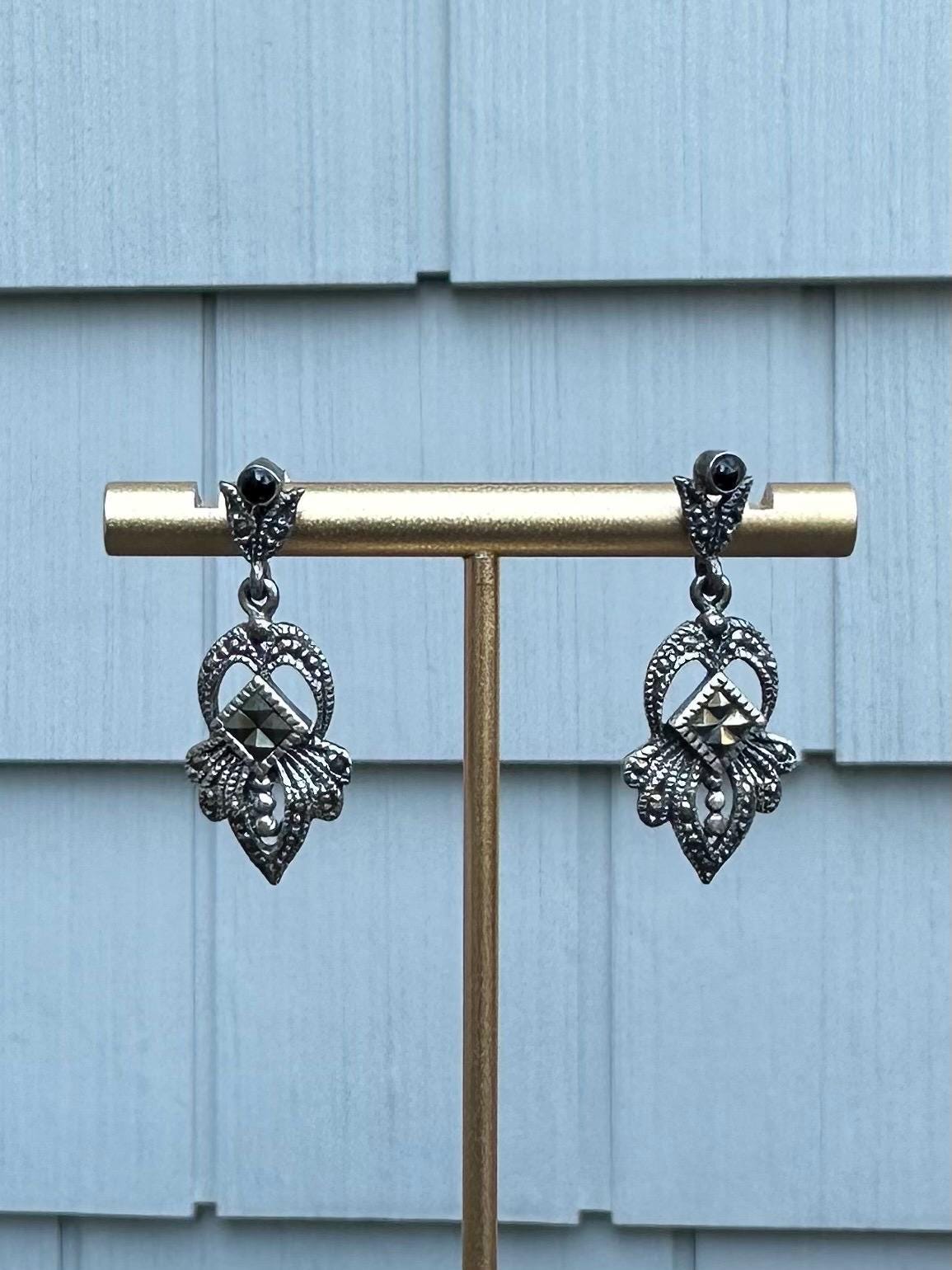 Vintage Sterling Silver Marcasite & Black Onyx Dangle Drop Earrings