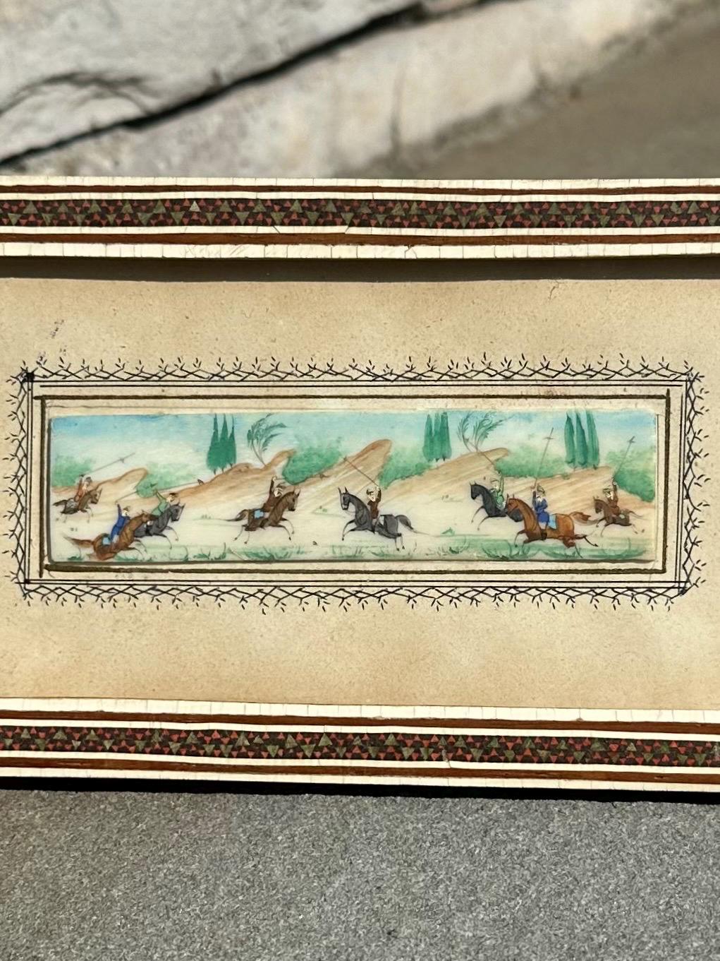 Vintage Circa 1940s Middle Eastern Persian Battle Miniature Painting on Bone in Rectangular Mosaic Inlaid Frame Easel Back