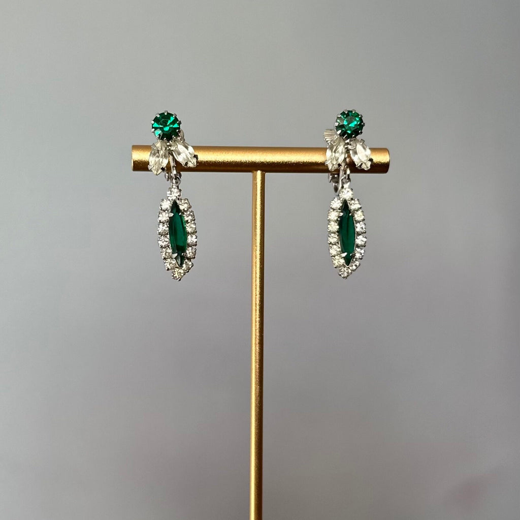 Stunning Vintage Midcentury Emerald Green Marquise & Clear Crystal Rhinestone Dangling Clip-on Earrings