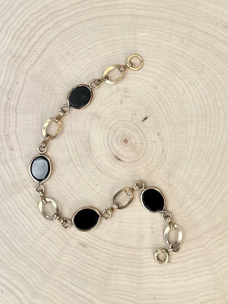 Vintage 1/20 12k GF Gold Filled & Polished Black Onyx Link Bracelet 7.25”