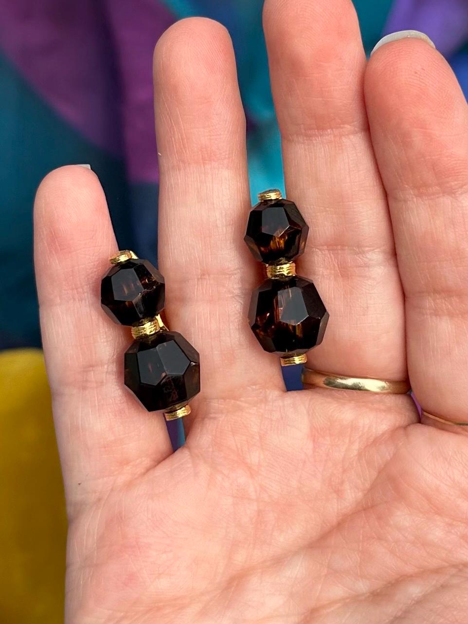 Vintage 1950s Signed JONNE Schrager Gold Tone & Brown Tortoise Faceted Glass Clip-on Earrings Midcentury