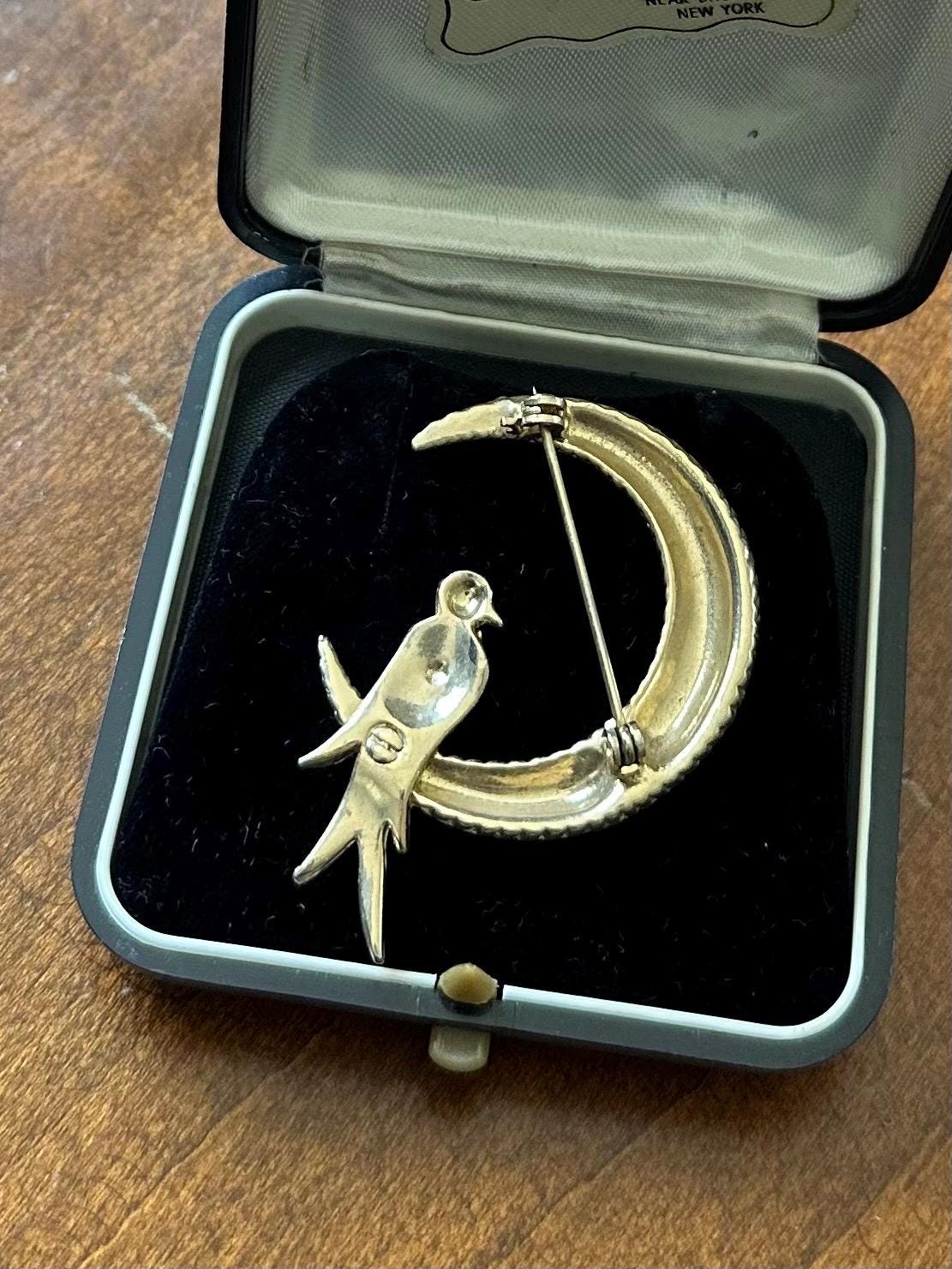 Vintage Unsigned Gold Tone Cresent Moon Clear & Red Rhinestone Jewelled Bird Brooch | Attributed to Joseph Mazer JOMAZ