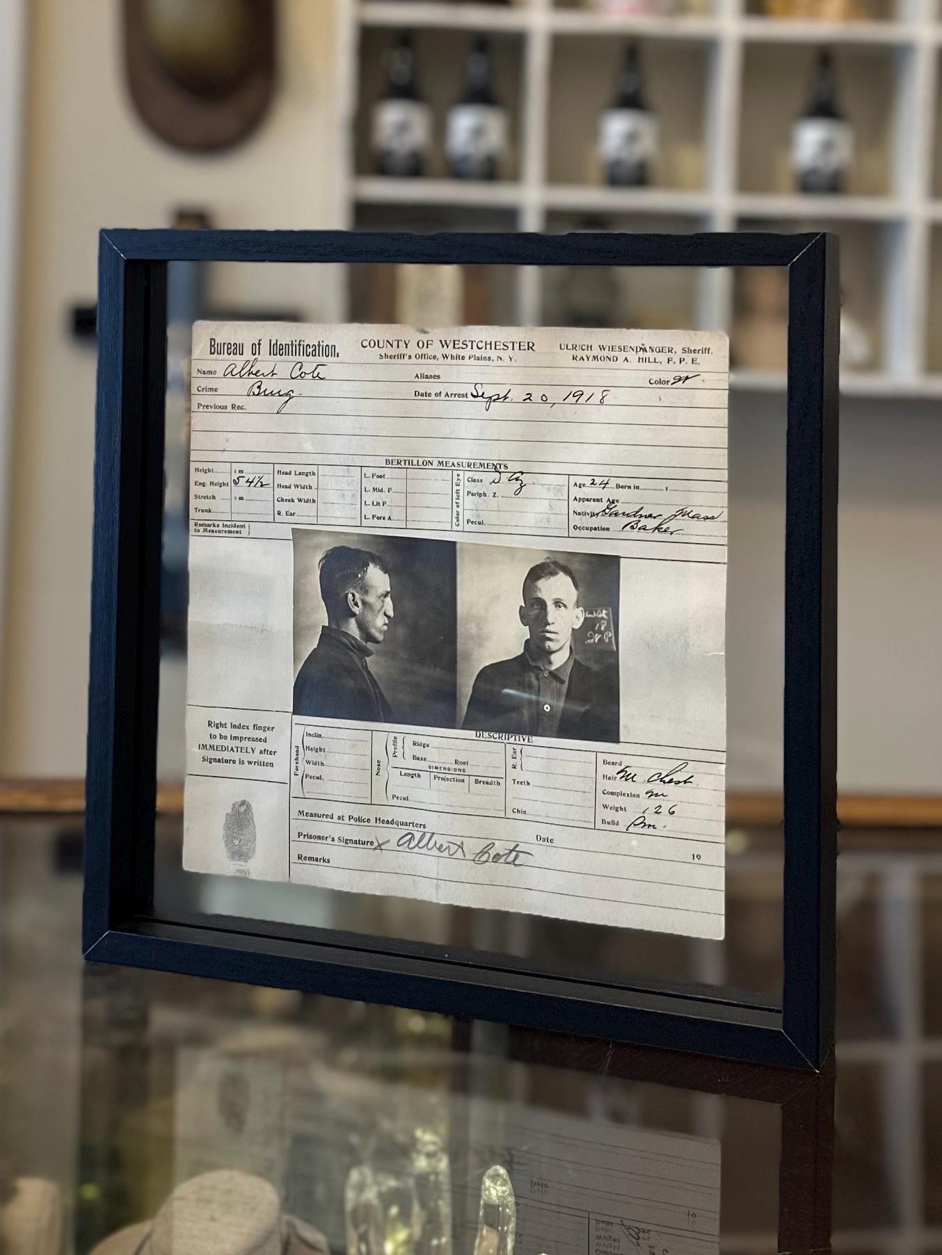 Double Sided Glass Framed Original Antique 1918 Bureau of Identification Mug Shot & Arrest Sheet for Albert Cote Burglary Westchester NY