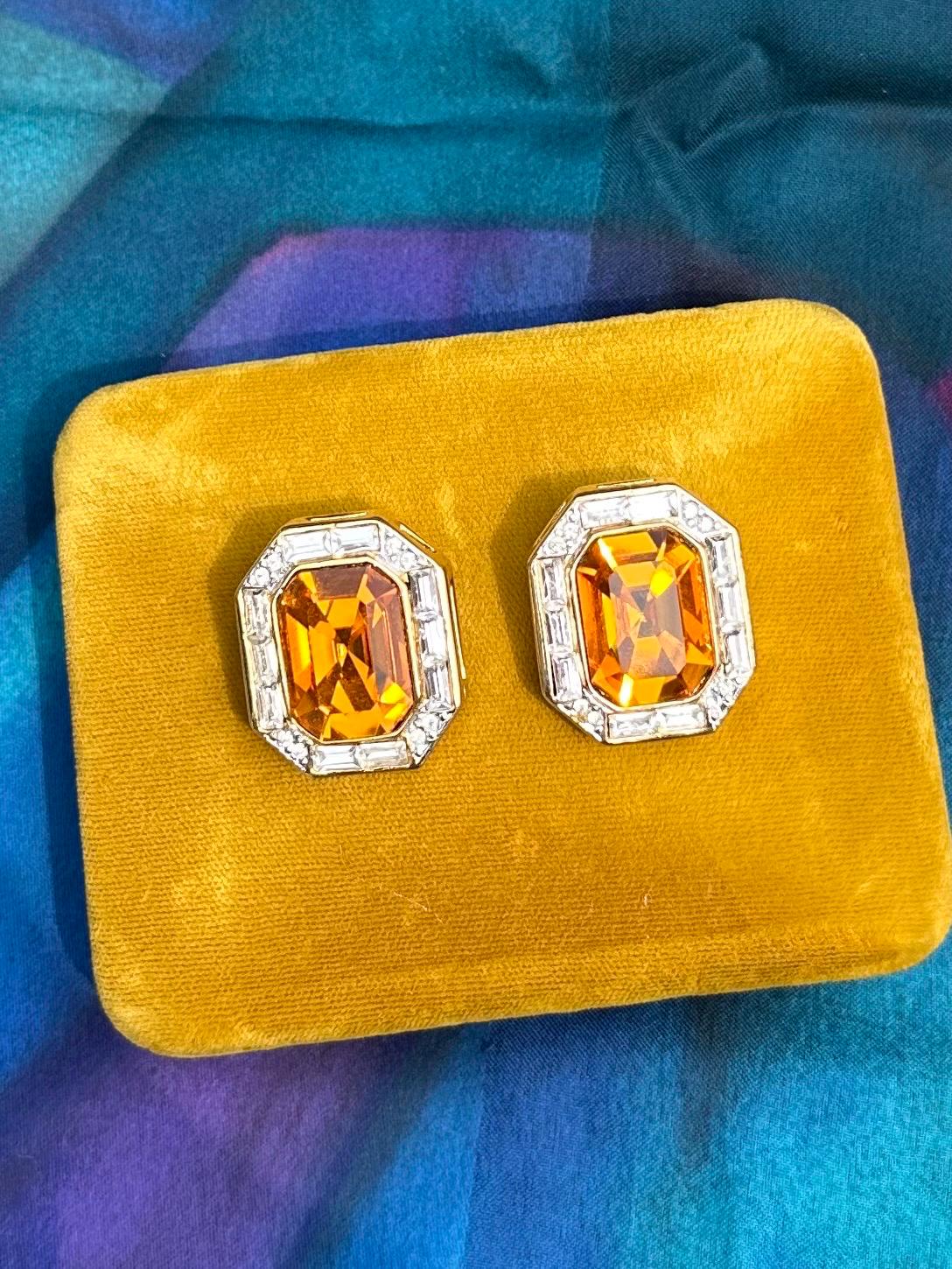 Vintage Signed LES BERNARD Large Faceted Orange Glass & Clear Rhinestone Gold Tone Octagonal Rectangle Statement Clip-on Earrings